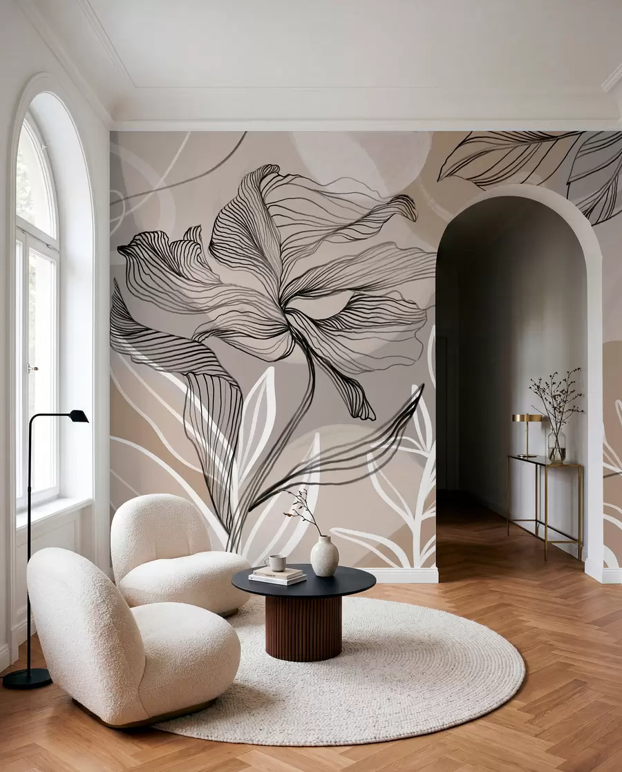 murales de pared Elegante estampado floral con grandes flores y hojas de líneas abstractas en tonos grises y beige sobre fondo claro w08413