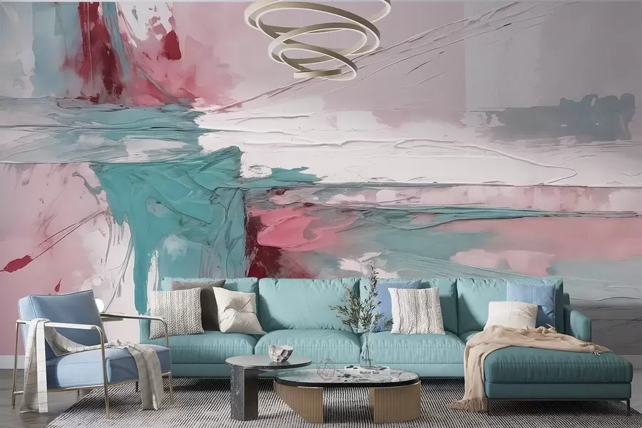murales de pared Composición minimalista de arte abstracto con atrevidas pinceladas de pintura rosa, azul y blanca w08414v1