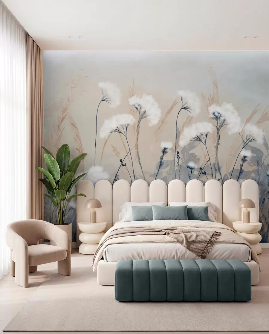 murales de pared Hierba de algodón blanca y esponjosa sobre un fondo de textura borrosa, con una atmósfera suave, brumosa y serena w08416