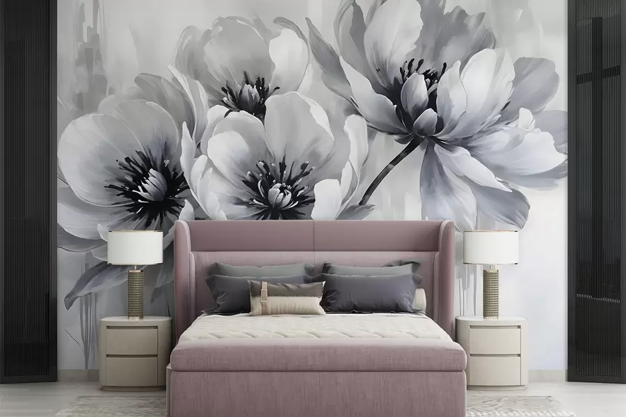 murales de pared Flores de tulipán monocromas con pétalos suaves y difuminados sobre un fondo claro w08418