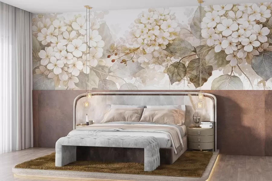 murales de pared Delicadas flores blancas de hortensia con suaves hojas verdes sobre un fondo claro w08422