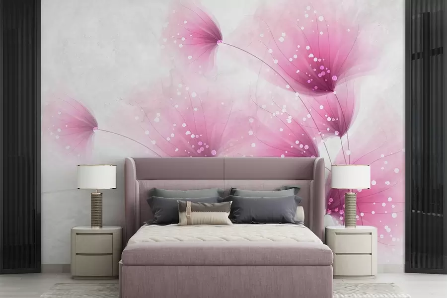murales de pared Flores de color rosa suave con fondo gris claro de textura borrosa y luces centelleantes w08423