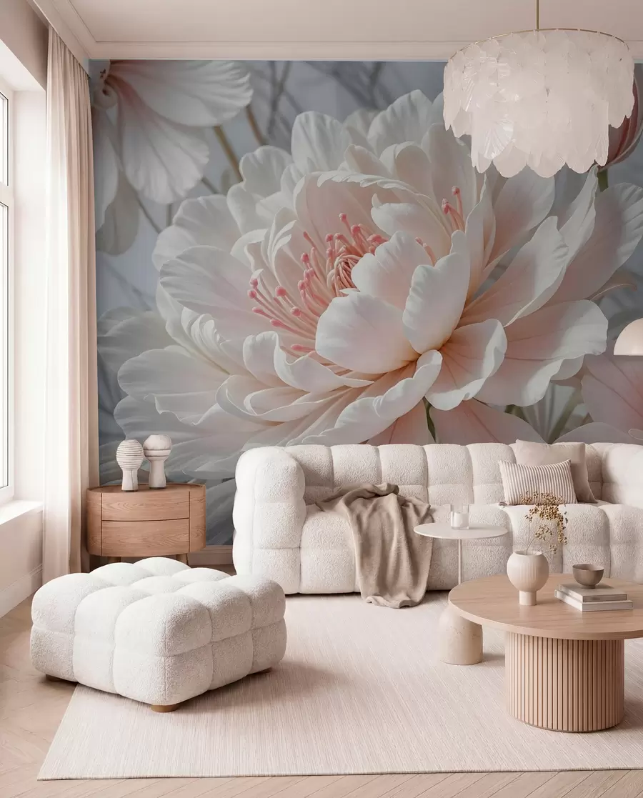 murales de pared Grandes y delicadas flores de peonía blancas y rosas con pétalos suaves y esponjosos sobre un fondo gris difuminado w08427