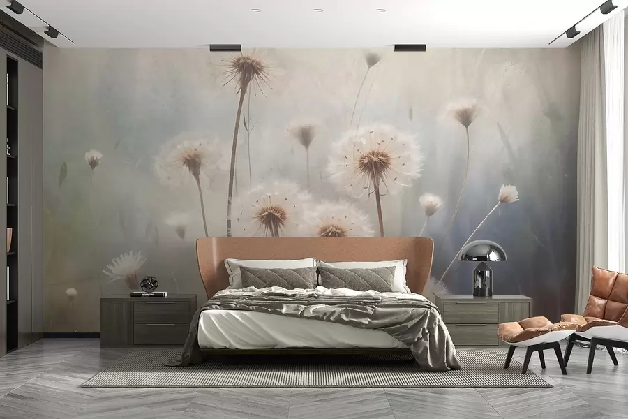 murales de pared Flores de diente de león suavemente enfocadas en un campo, con un fondo borroso de textura de color pastel w08432