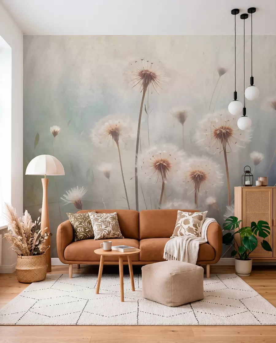 murales de pared Flores de diente de león suavemente enfocadas en un campo, con un fondo borroso de textura de color pastel w08432