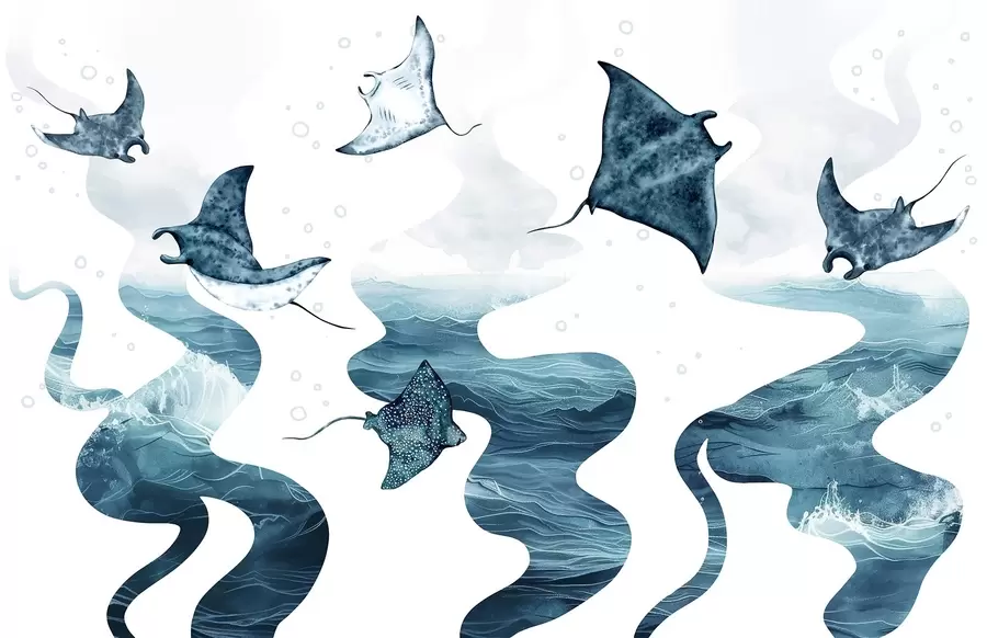 murales de pared Pez manta raya, estilo acuarela, mar, océano, colores azules w02266