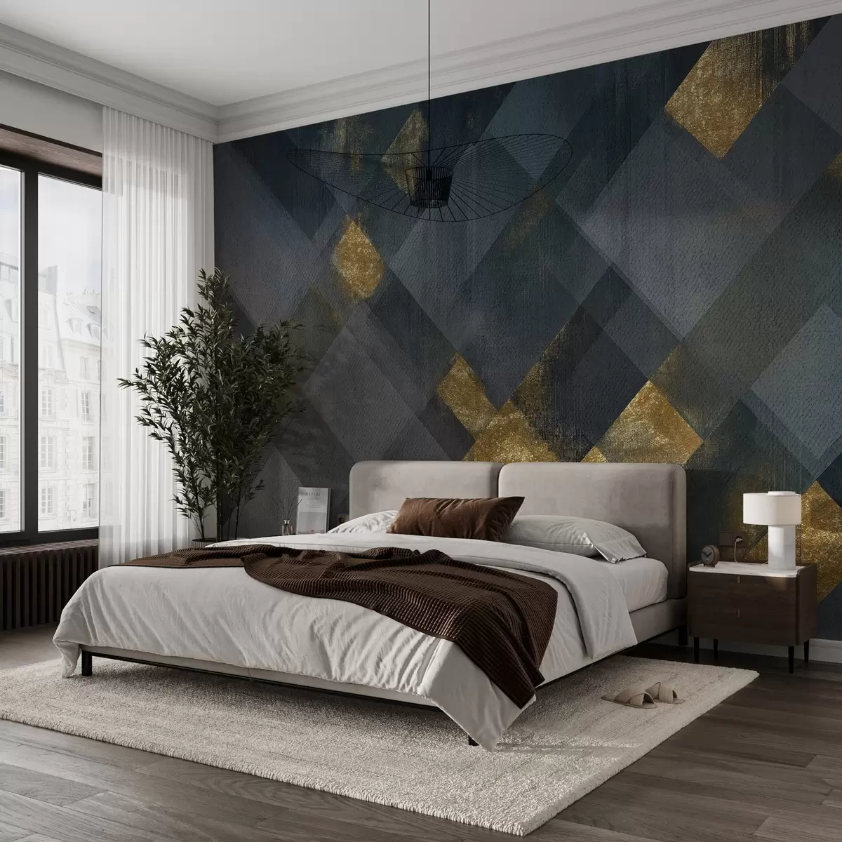 murales de pared geometría moderna en un estilo lujoso con tintes azules w02340