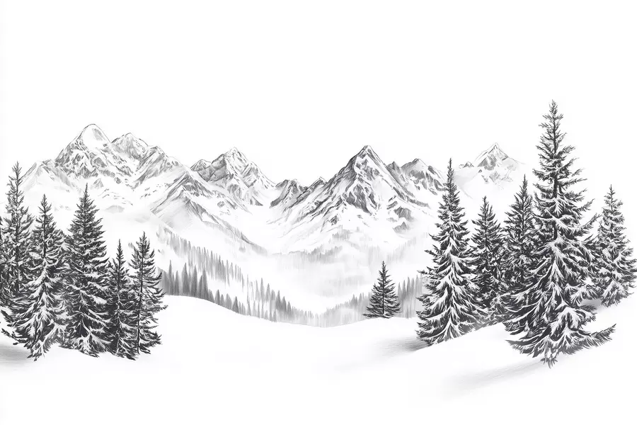 murales de pared Montañas alpinas en la nieve, estilo lápiz, minimalismo w02352