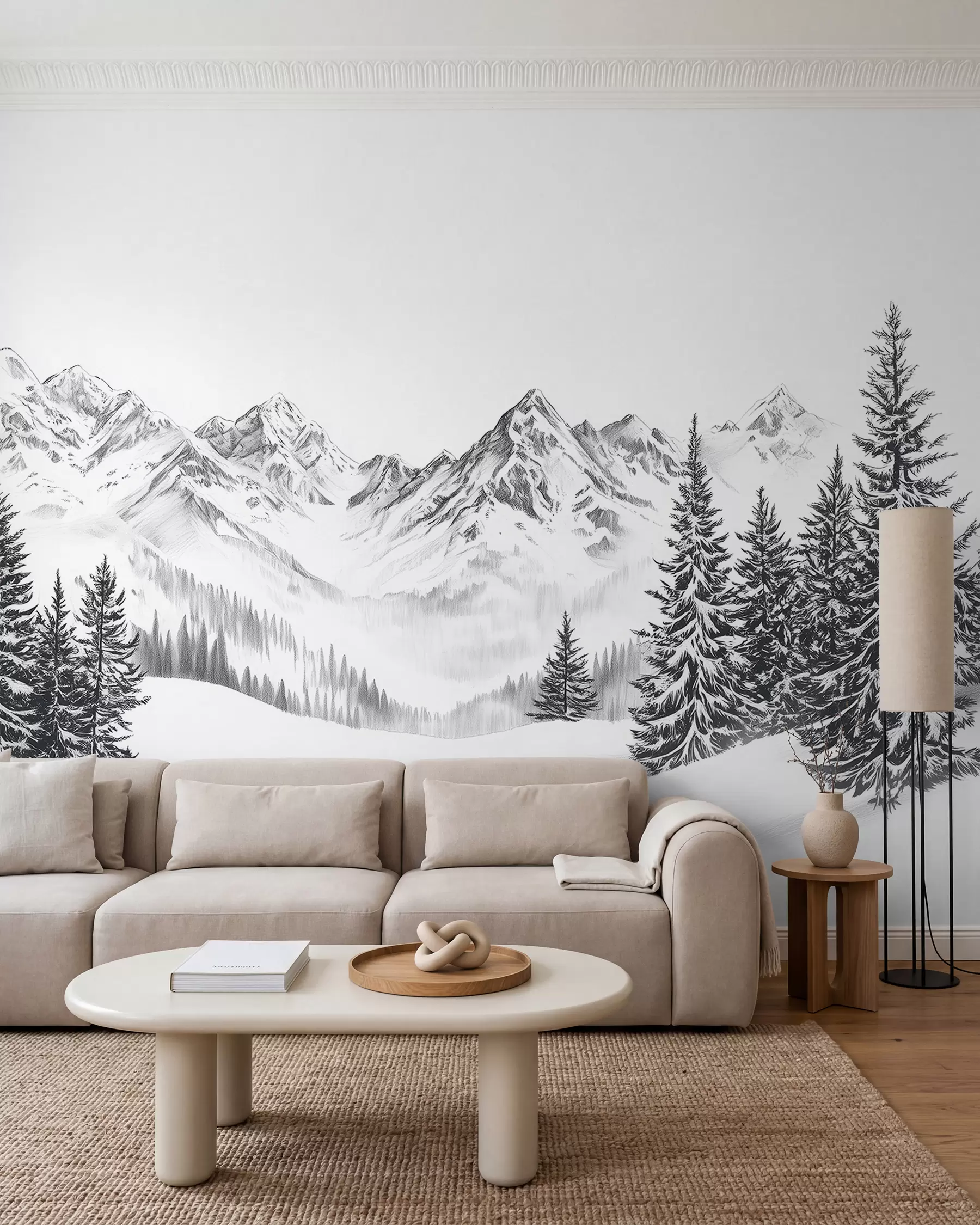 murales de pared Montañas alpinas en la nieve, estilo lápiz, minimalismo w02352
