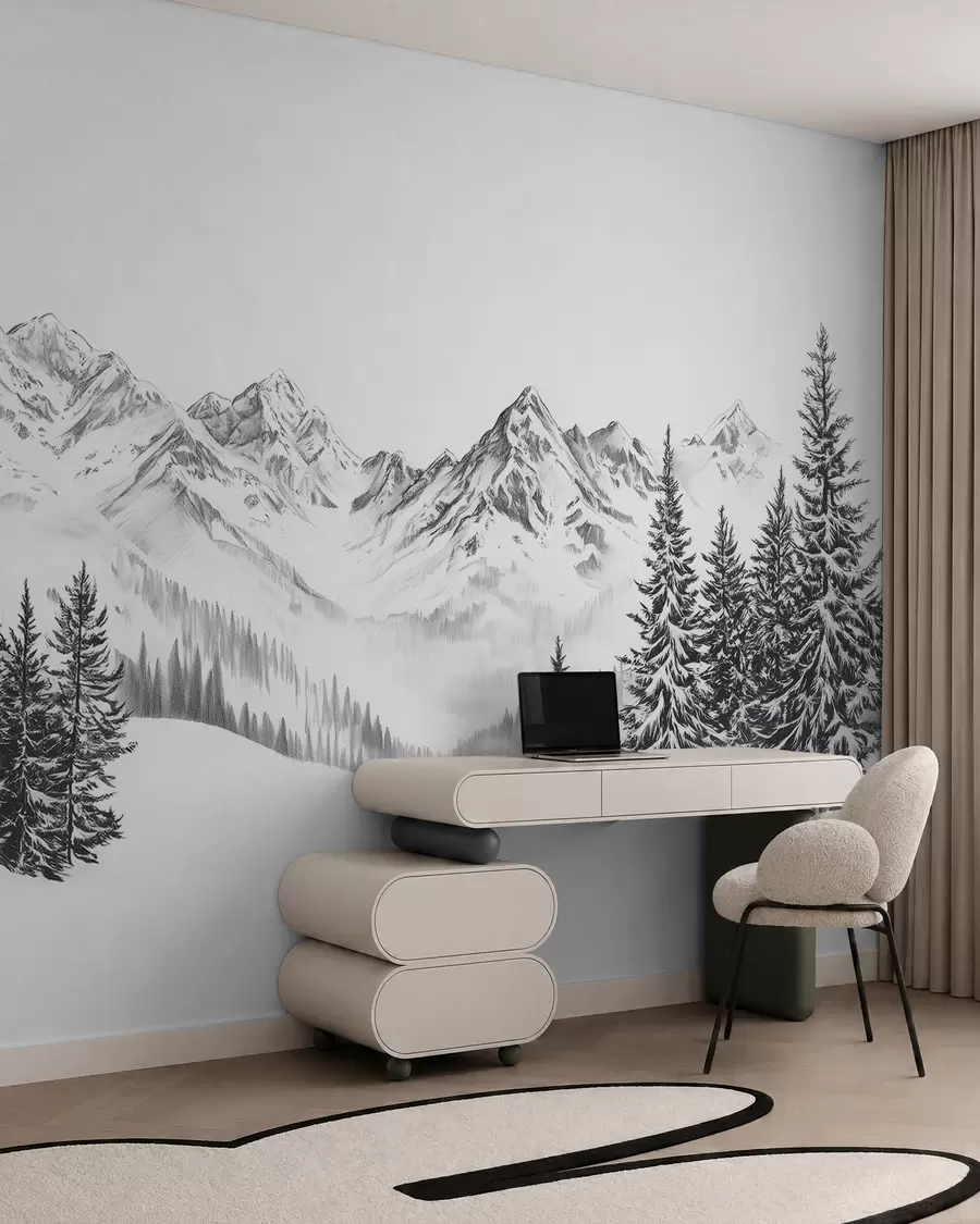 murales de pared Montañas alpinas en la nieve, estilo lápiz, minimalismo w02352