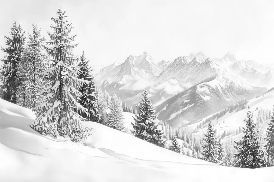 murales de pared Invierno en las montañas, bosque, Alpes, dibujo a lápiz, paisajes de naturaleza w02353