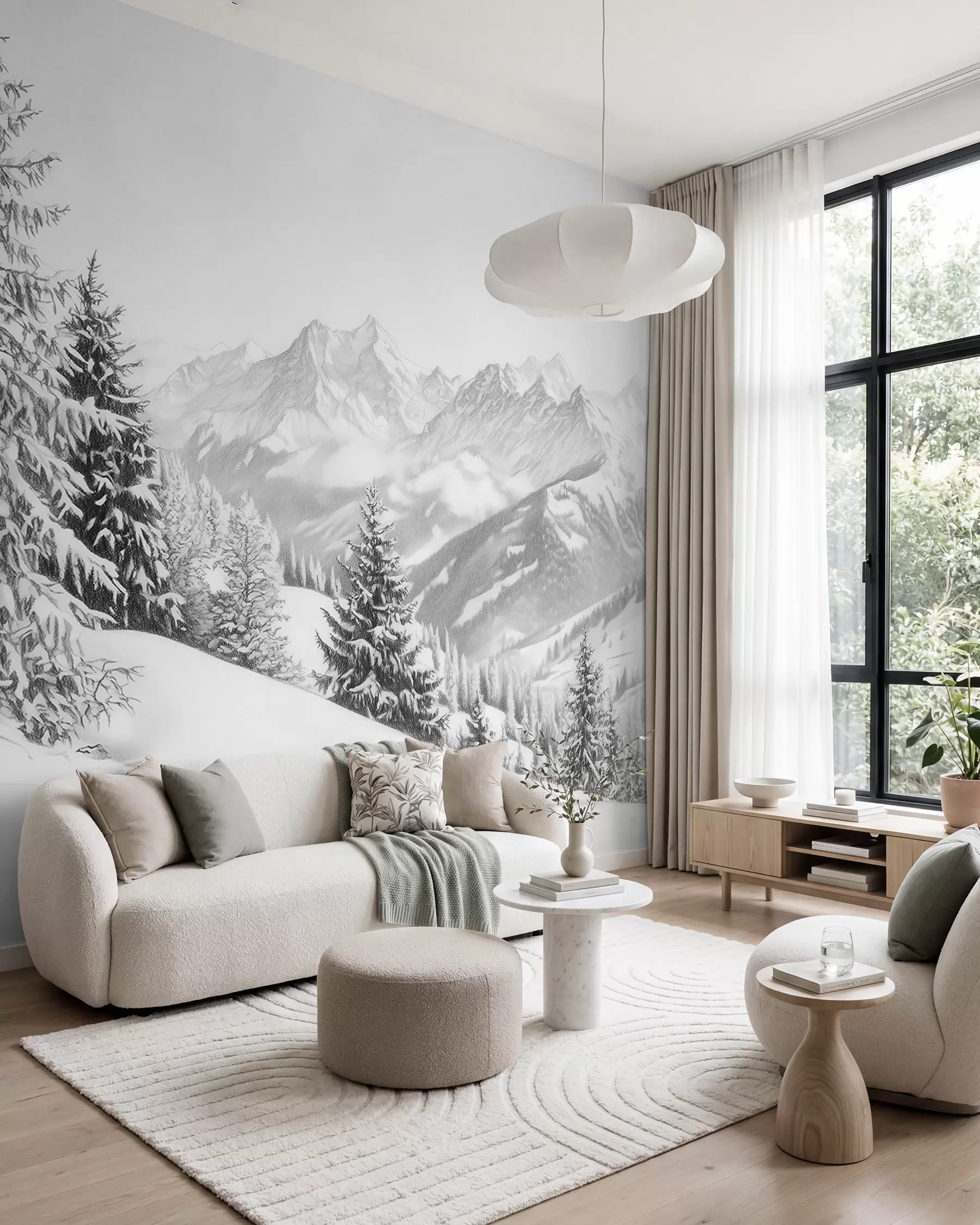 murales de pared Invierno en las montañas, bosque, Alpes, dibujo a lápiz, paisajes de naturaleza w02353