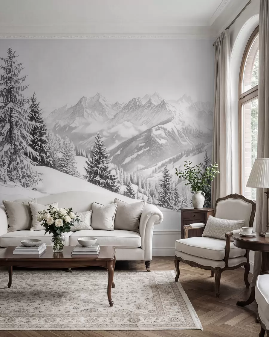 murales de pared Invierno en las montañas, bosque, Alpes, dibujo a lápiz, paisajes de naturaleza w02353