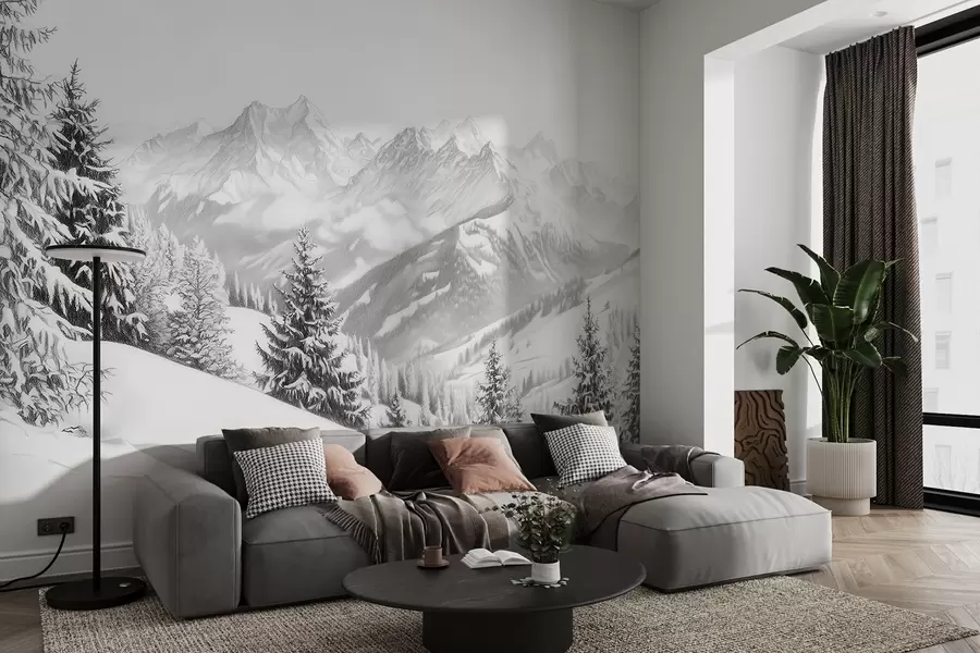 murales de pared Invierno en las montañas, bosque, Alpes, dibujo a lápiz, paisajes de naturaleza w02353