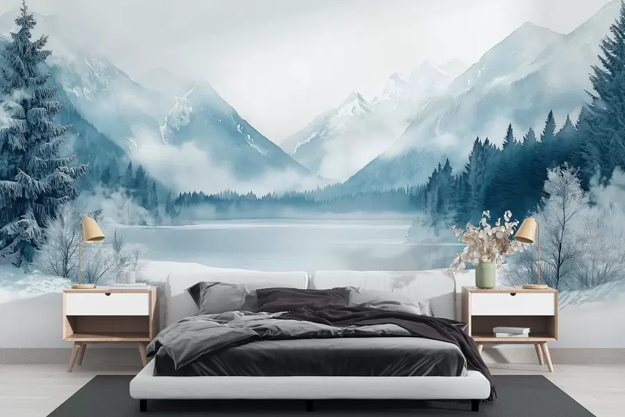murales de pared Montañas invernales, lago helado, bosque de pinos, paleta de colores azules, estilo acuarela w02354