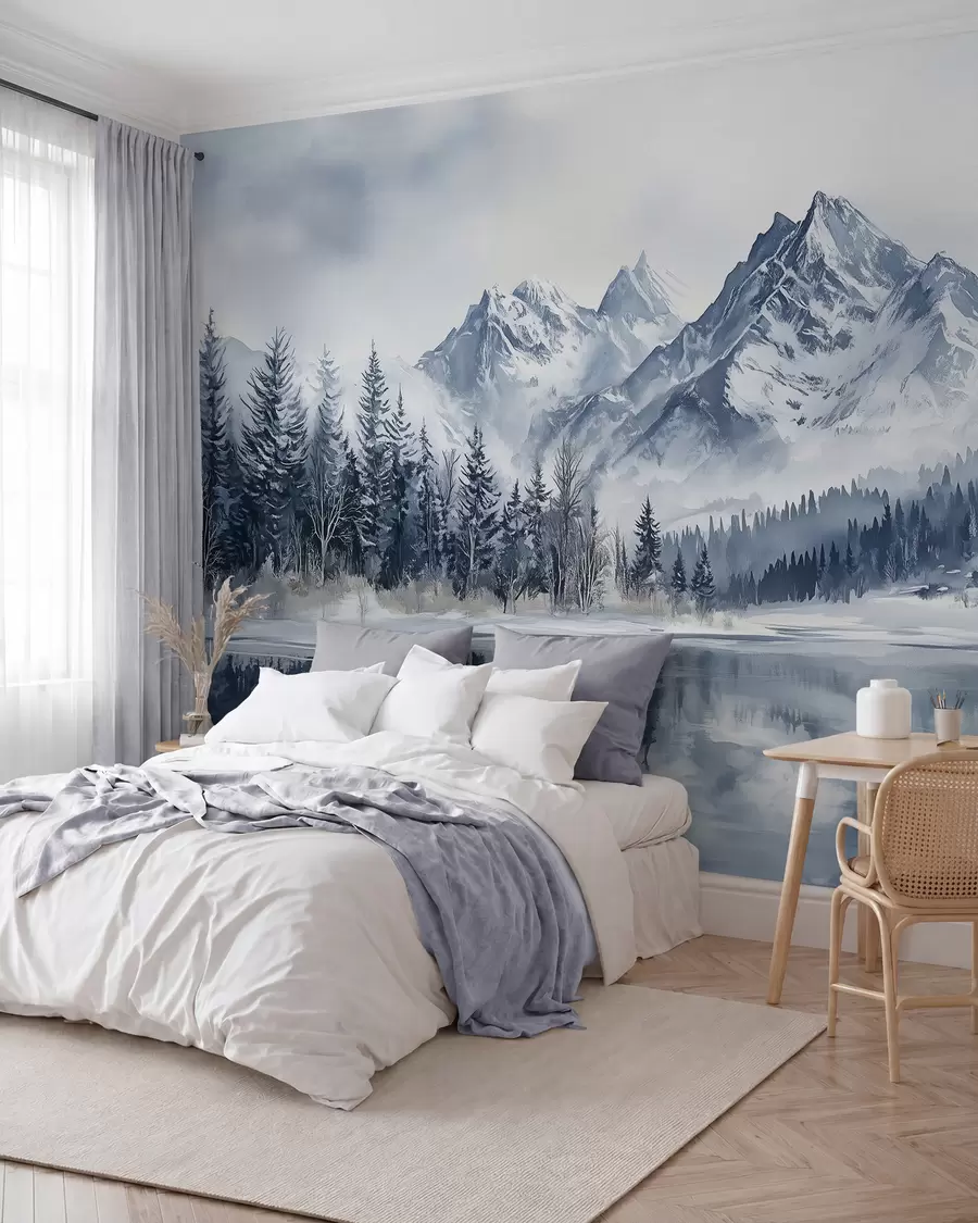 murales de pared Los Alpes nevados, bosque invernal, lago helado, paleta de colores azules w02358