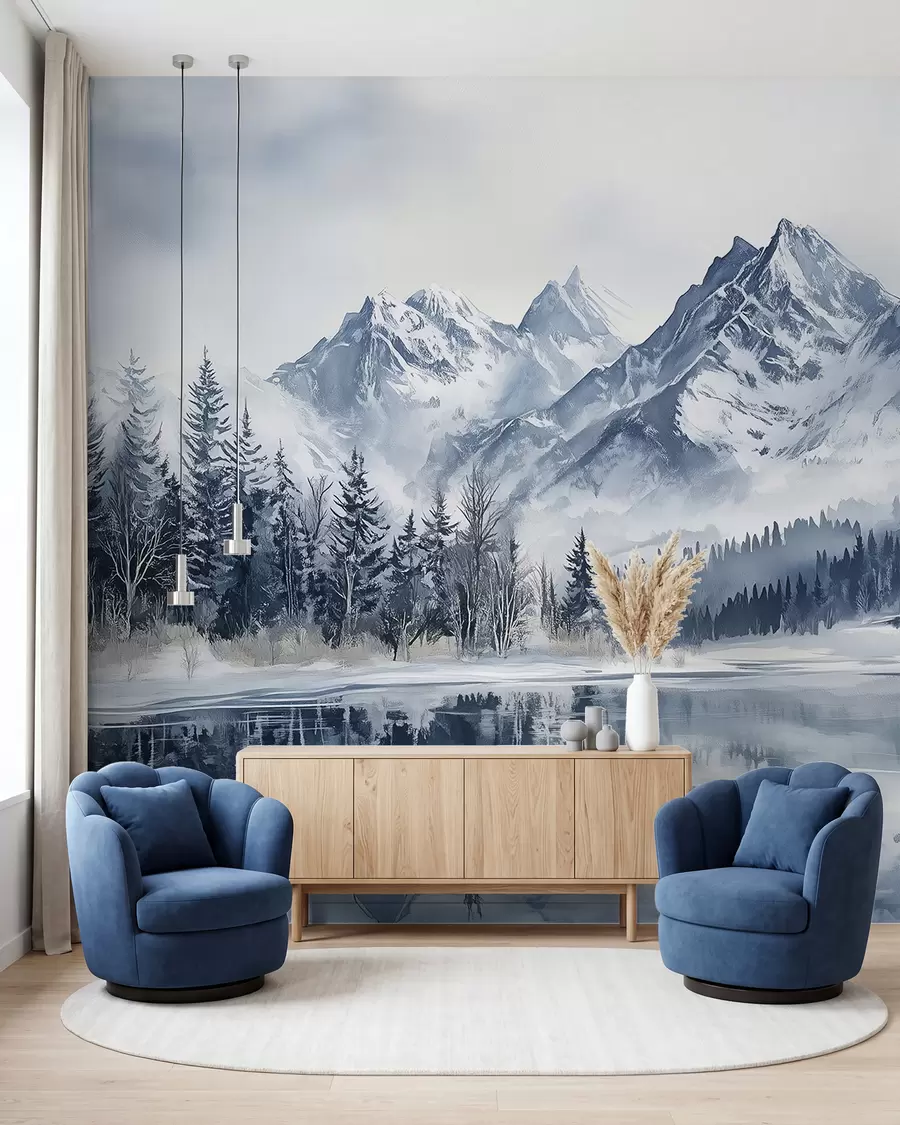 murales de pared Los Alpes nevados, bosque invernal, lago helado, paleta de colores azules w02358
