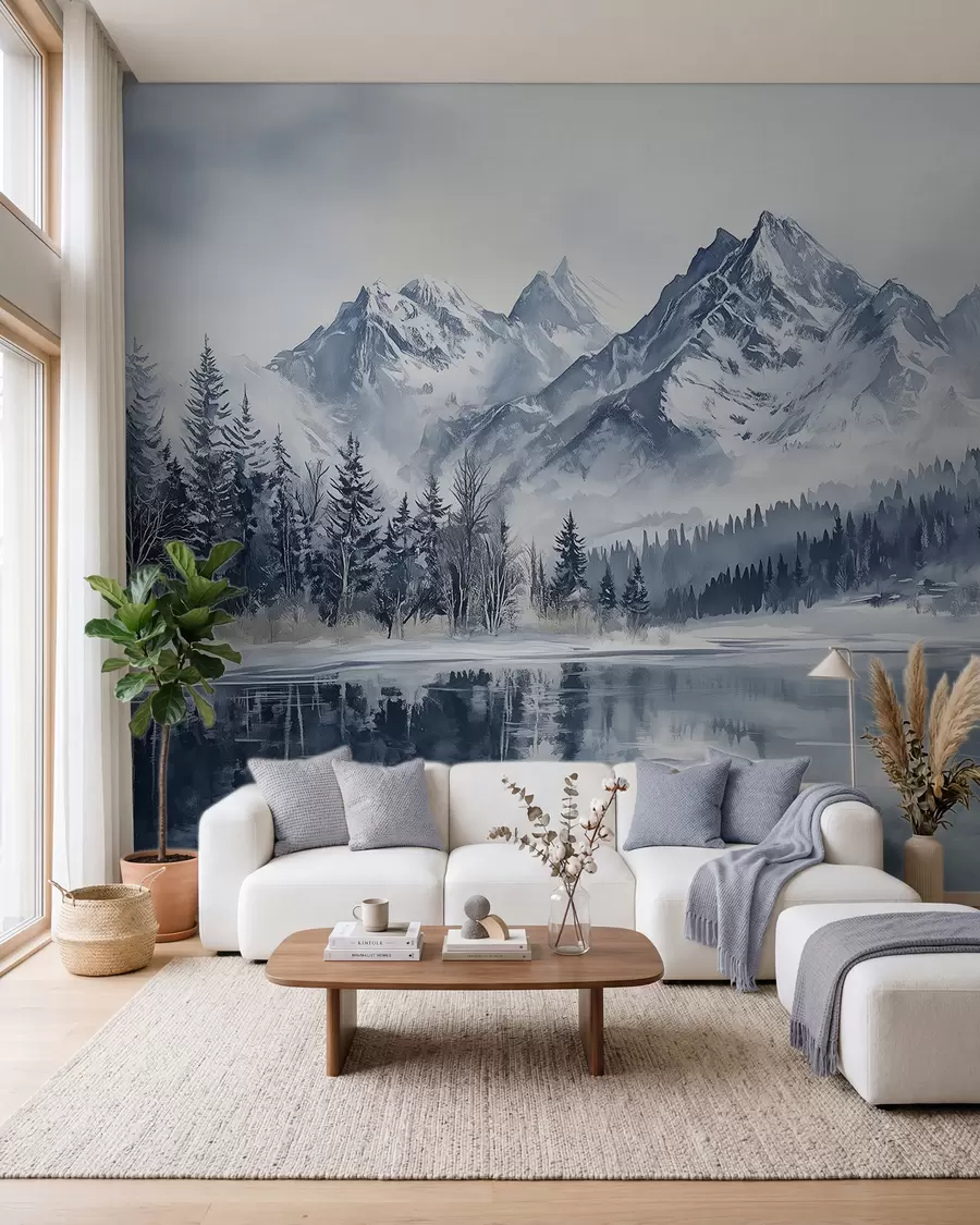 murales de pared Los Alpes nevados, bosque invernal, lago helado, paleta de colores azules w02358
