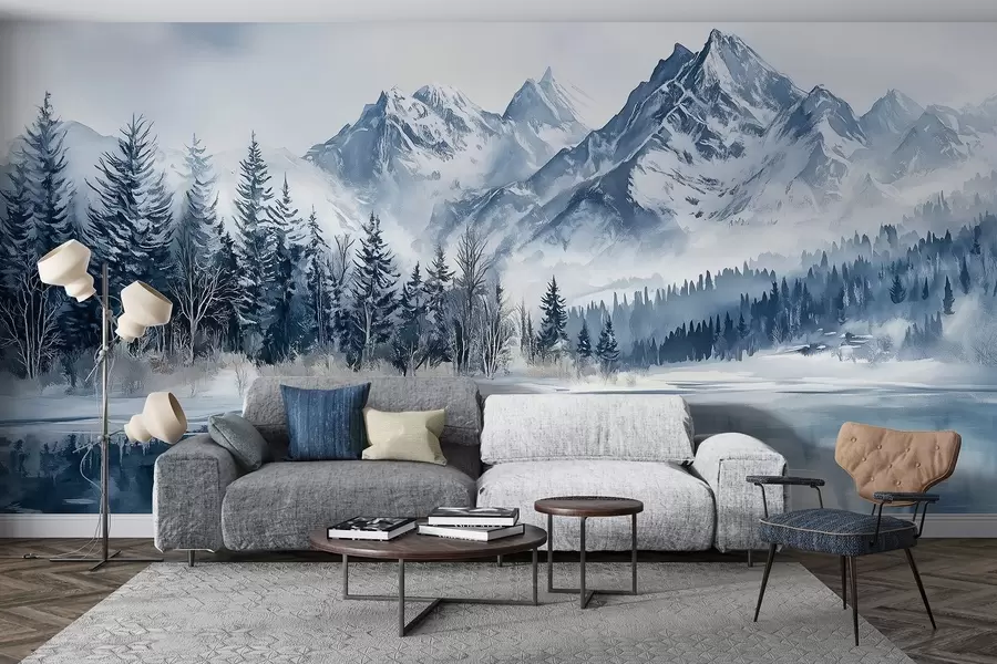 murales de pared Los Alpes nevados, bosque invernal, lago helado, paleta de colores azules w02358