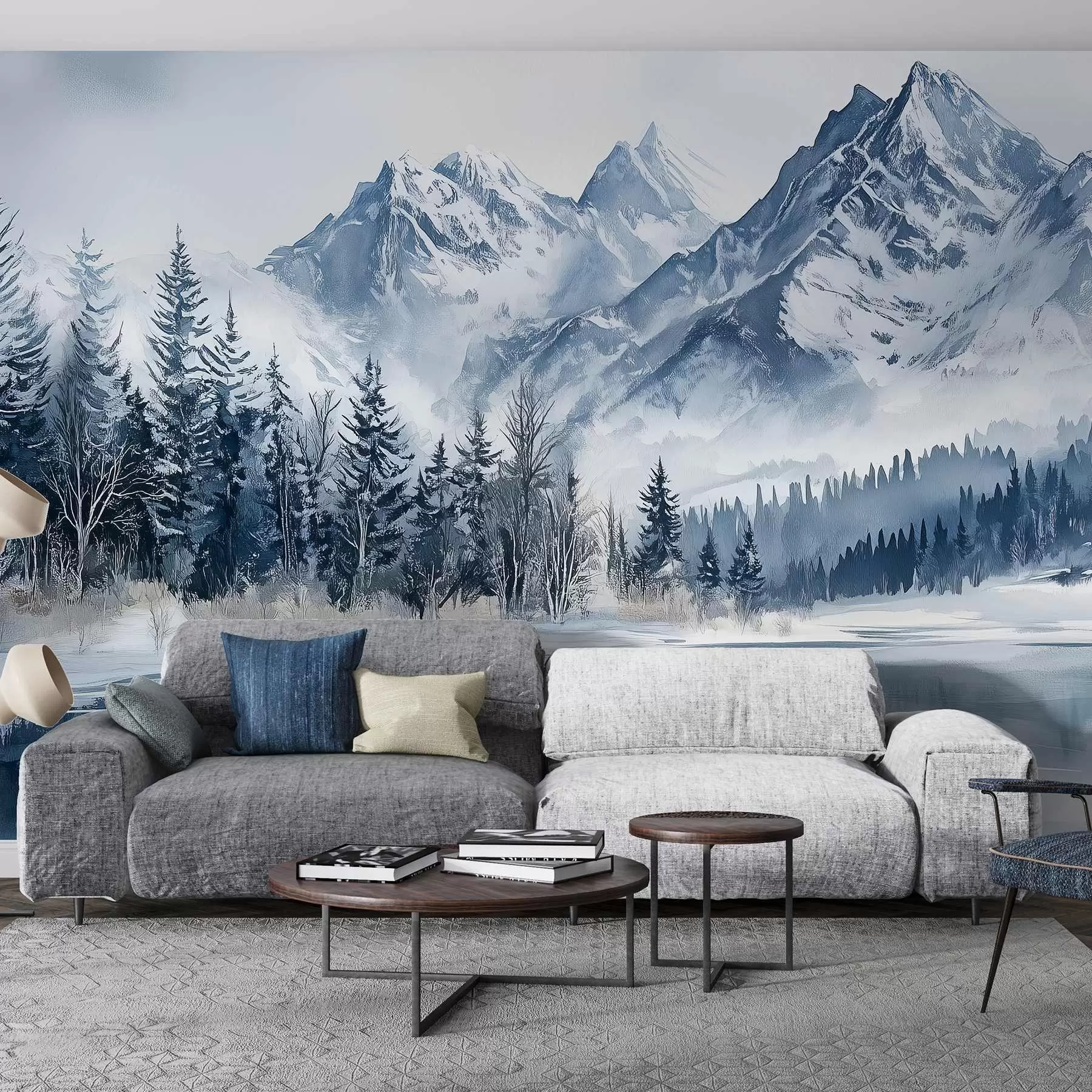 murales de pared Los Alpes nevados, bosque invernal, lago helado, paleta de colores azules w02358