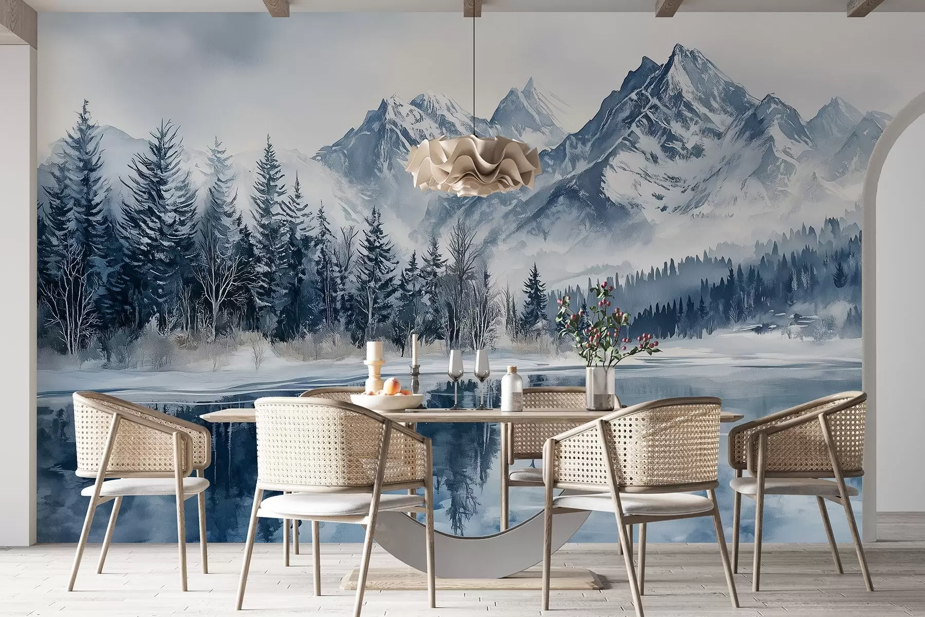 murales de pared Los Alpes nevados, bosque invernal, lago helado, paleta de colores azules w02358