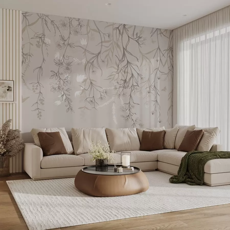 murales de pared Delgadas flores lineales que cuelgan de la montaña w02007