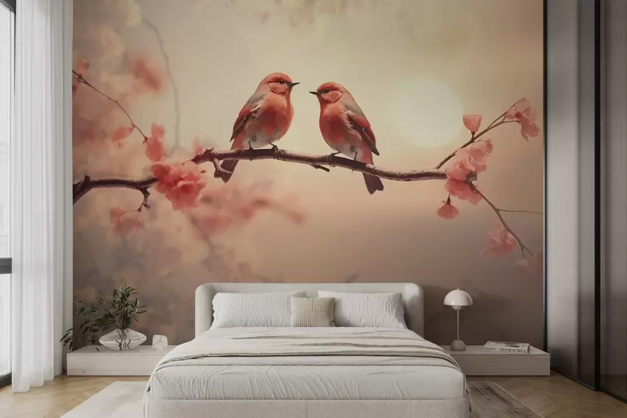 murales de pared Una escena serena y romántica con dos pajaritos sentados en una delicada rama decorada con flores de color rosa pálido w02343