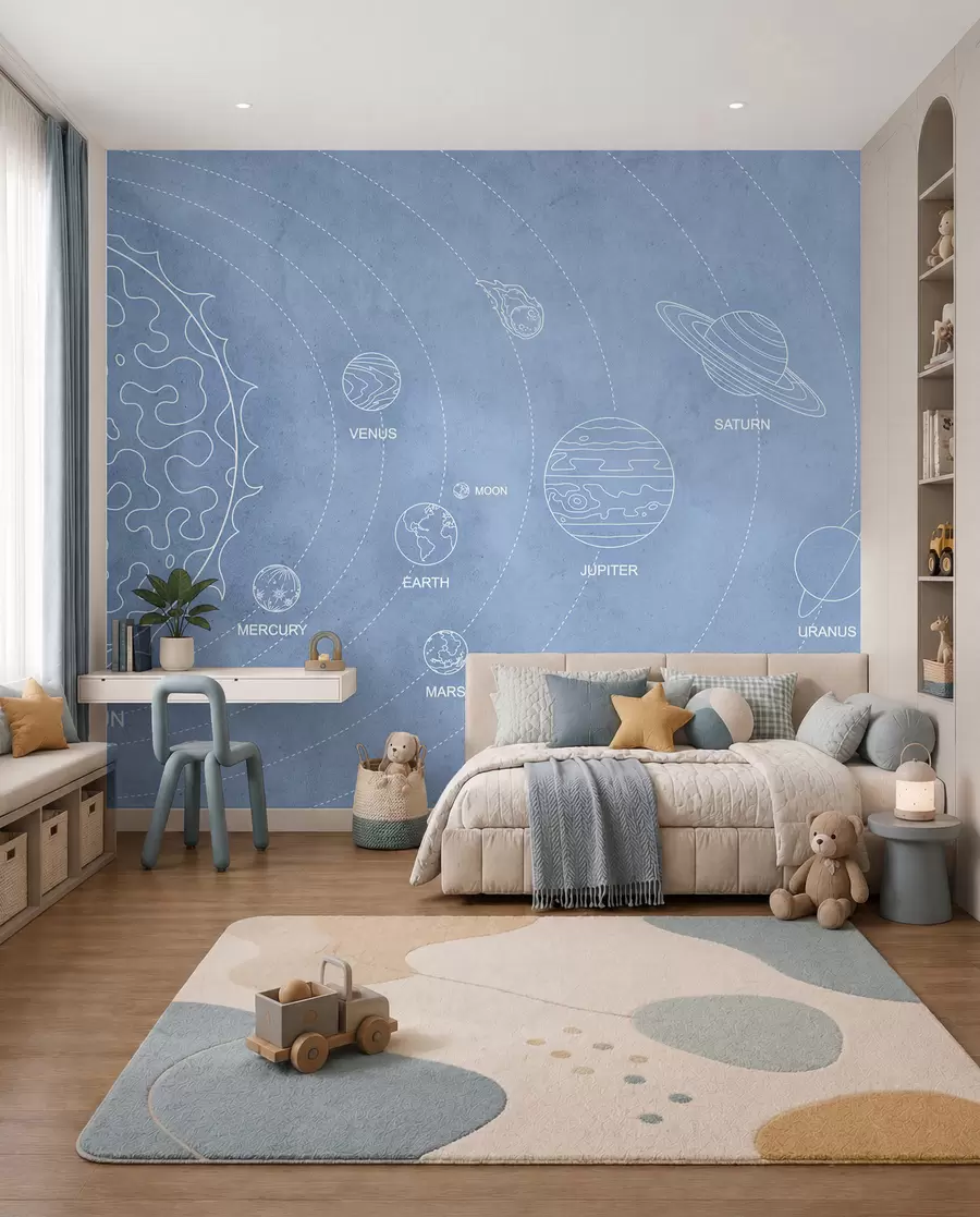 murales de pared Sistema solar en estilo minimalista sobre fondo azul texturado w02344v1