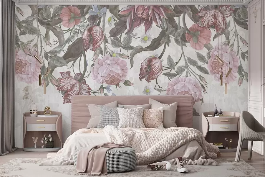 murales de pared Un exuberante arreglo floral con grandes flores rosas y blancas, con hojas y tallos verdes w08435