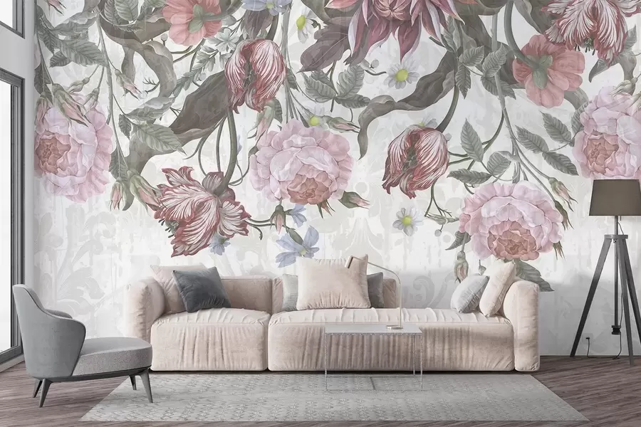 murales de pared Un exuberante arreglo floral con grandes flores rosas y blancas, con hojas y tallos verdes w08435