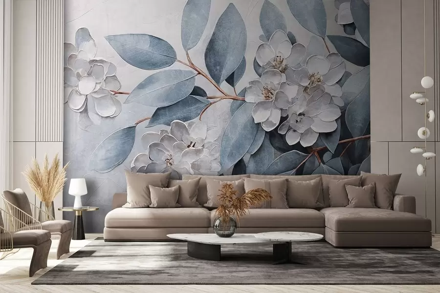 murales de pared Delicadas flores blancas con hojas de color verde grisáceo sobre un fondo suave y apagado en estilo de pintura al óleo w08437