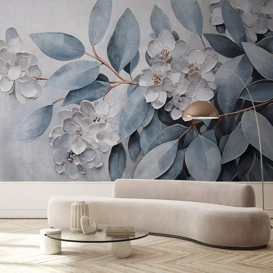 murales de pared Delicadas flores blancas con hojas de color verde grisáceo sobre un fondo suave y apagado en estilo de pintura al óleo w08437
