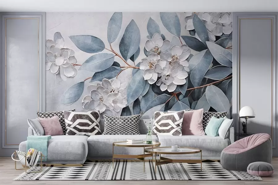 murales de pared Delicadas flores blancas con hojas de color verde grisáceo sobre un fondo suave y apagado en estilo de pintura al óleo w08437