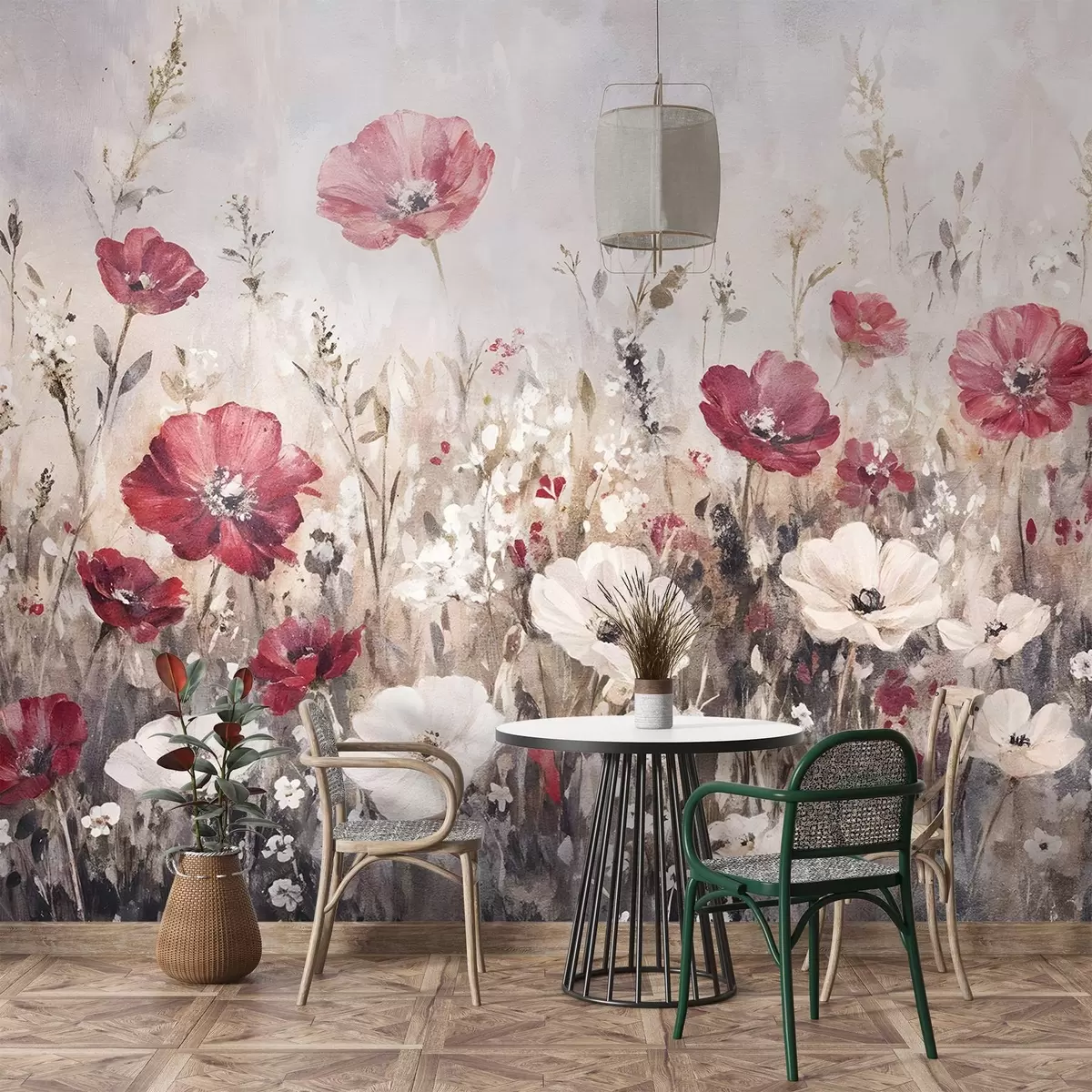 murales de pared Un campo de vibrantes flores rojas y blancas sobre un fondo suave y brumoso en estilo de pintura al óleo w08438