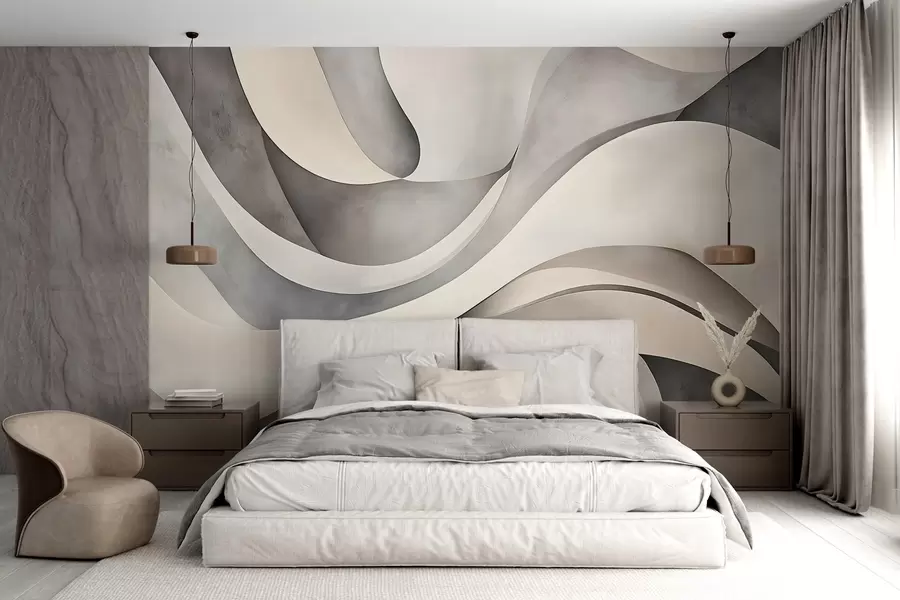 murales de pared Formas curvas en blanco, beige y gris, creando un estampado minimalista, moderno y abstracto w08439
