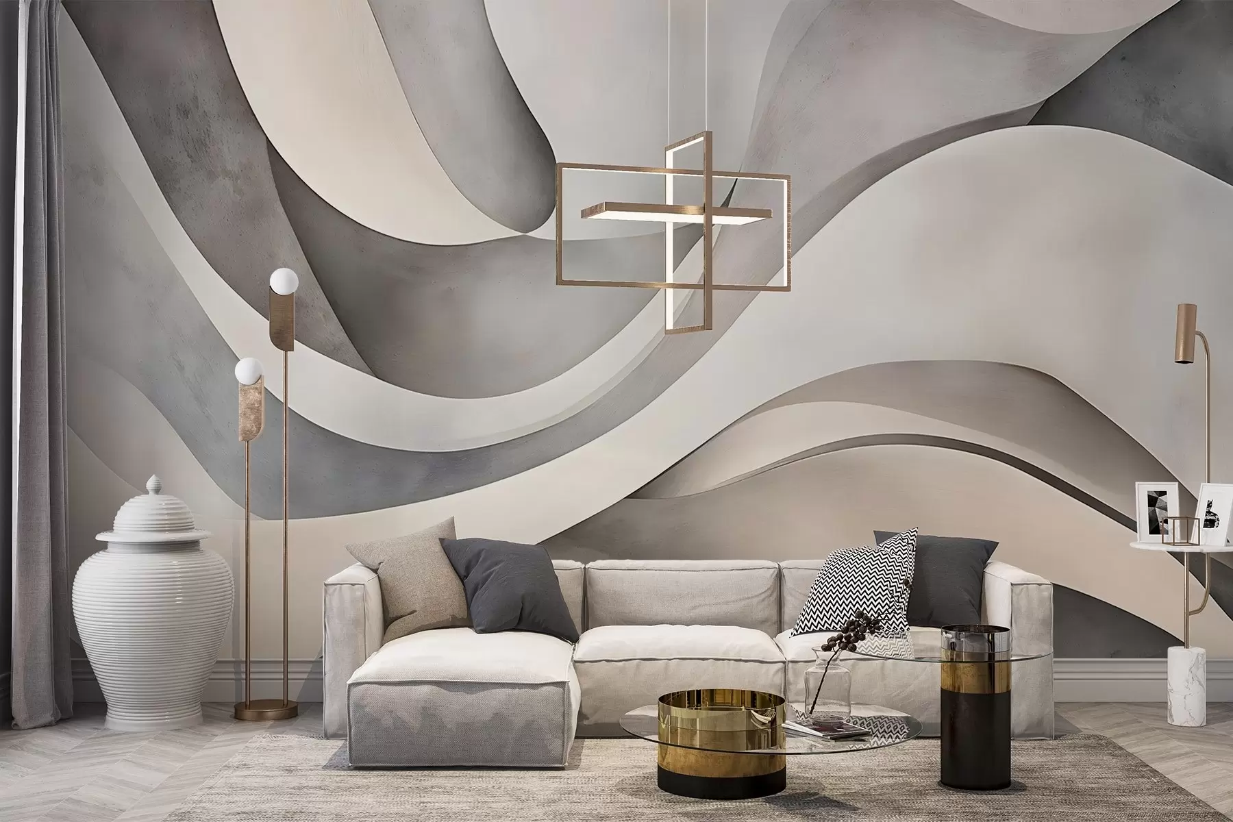 murales de pared Formas curvas en blanco, beige y gris, creando un estampado minimalista, moderno y abstracto w08439