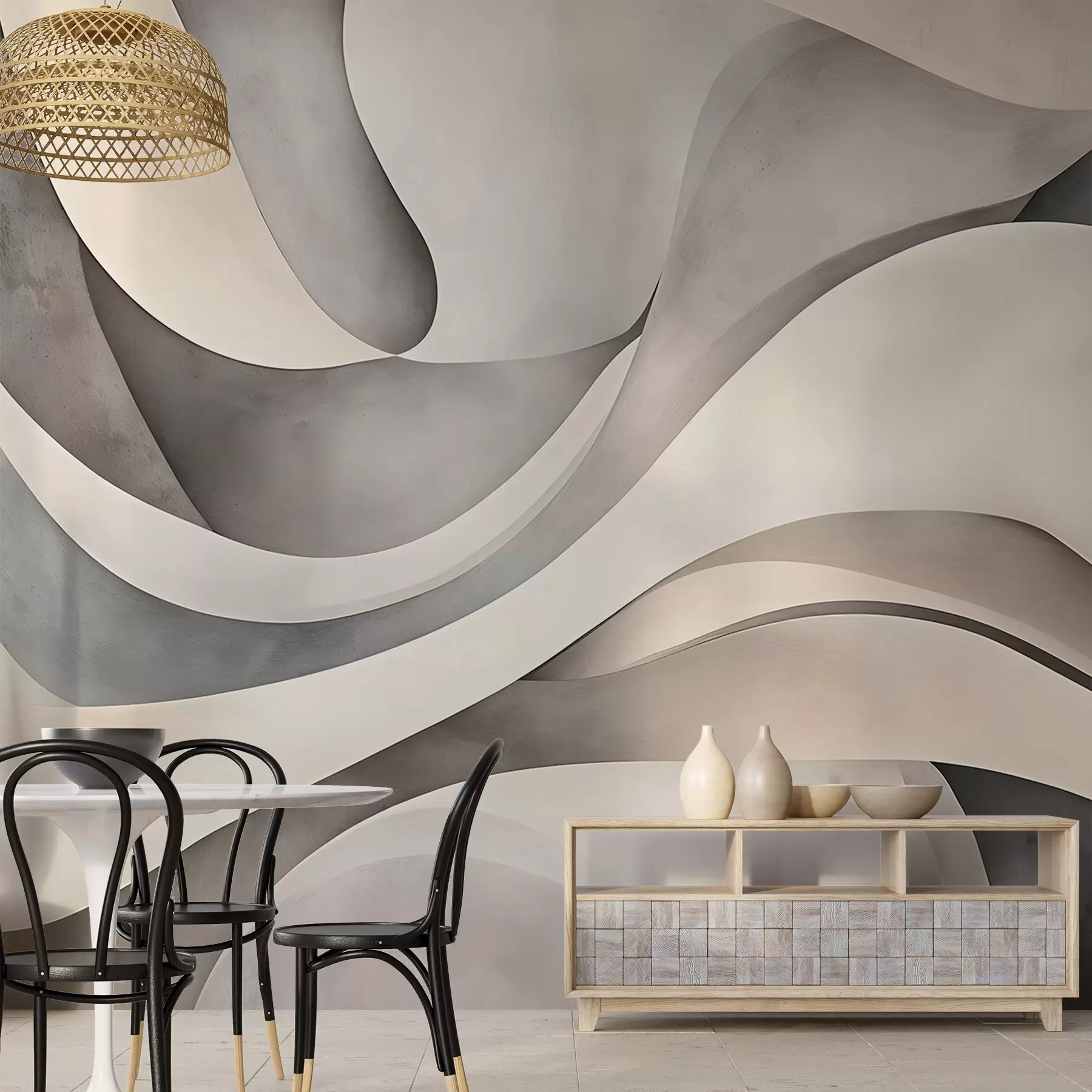 murales de pared Formas curvas en blanco, beige y gris, creando un estampado minimalista, moderno y abstracto w08439