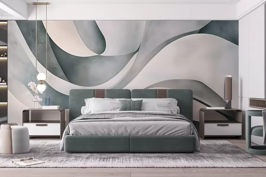 murales de pared Formas curvas en blanco, azul y gris, creando un estampado minimalista, moderno y abstracto w08439v1