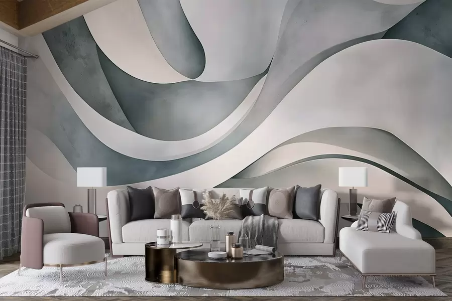 murales de pared Formas curvas en blanco, azul y gris, creando un estampado minimalista, moderno y abstracto w08439v1