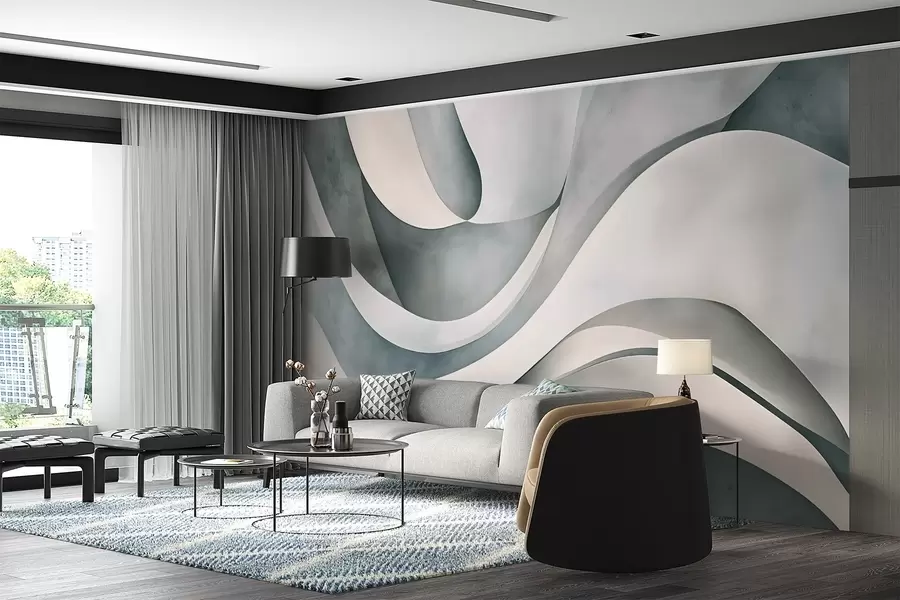 murales de pared Formas curvas en blanco, azul y gris, creando un estampado minimalista, moderno y abstracto w08439v1
