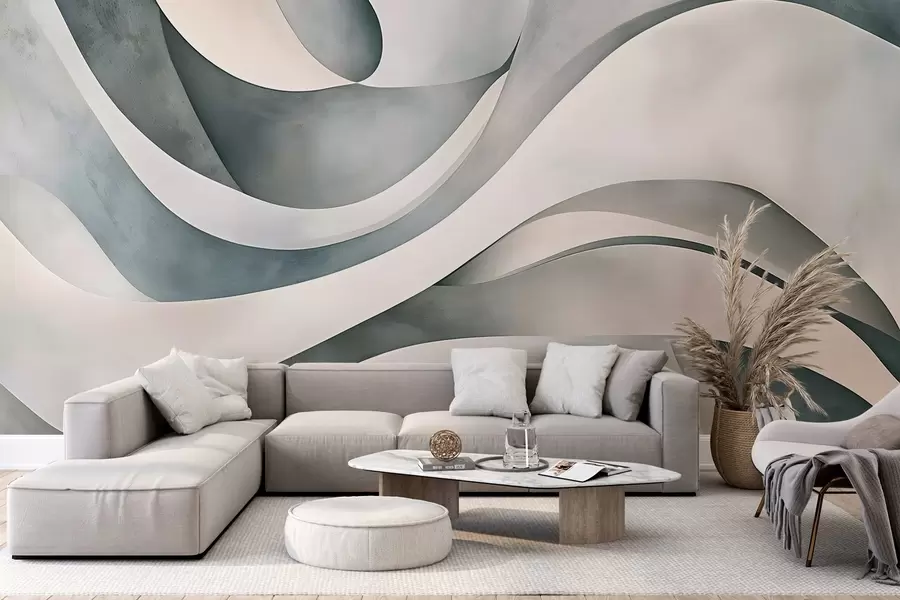 murales de pared Formas curvas en blanco, azul y gris, creando un estampado minimalista, moderno y abstracto w08439v1