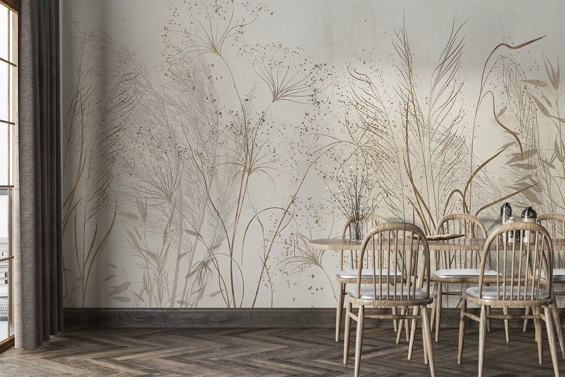 murales de pared Ilustración monocroma de varias plantas y espiguillas de color beige con líneas y texturas delicadas y tenues w08441