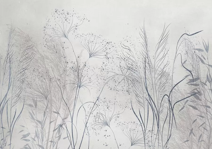 murales de pared Ilustración monocroma de varias plantas y espiguillas grises con líneas y texturas delicadas y tenues w08441v1