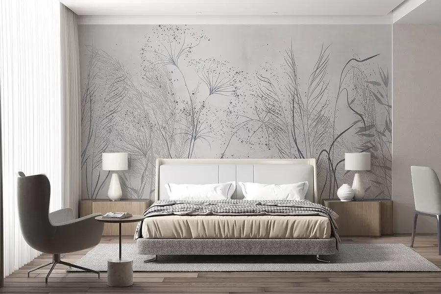 murales de pared Ilustración monocroma de varias plantas y espiguillas grises con líneas y texturas delicadas y tenues w08441v1