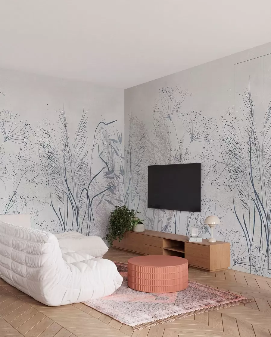 murales de pared Ilustración monocroma de varias plantas y espiguillas grises con líneas y texturas delicadas y tenues w08441v1