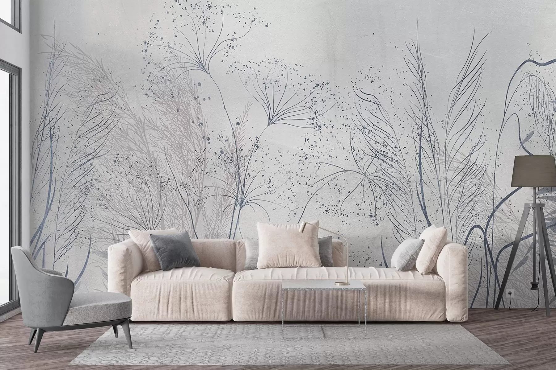 murales de pared Ilustración monocroma de varias plantas y espiguillas grises con líneas y texturas delicadas y tenues w08441v1