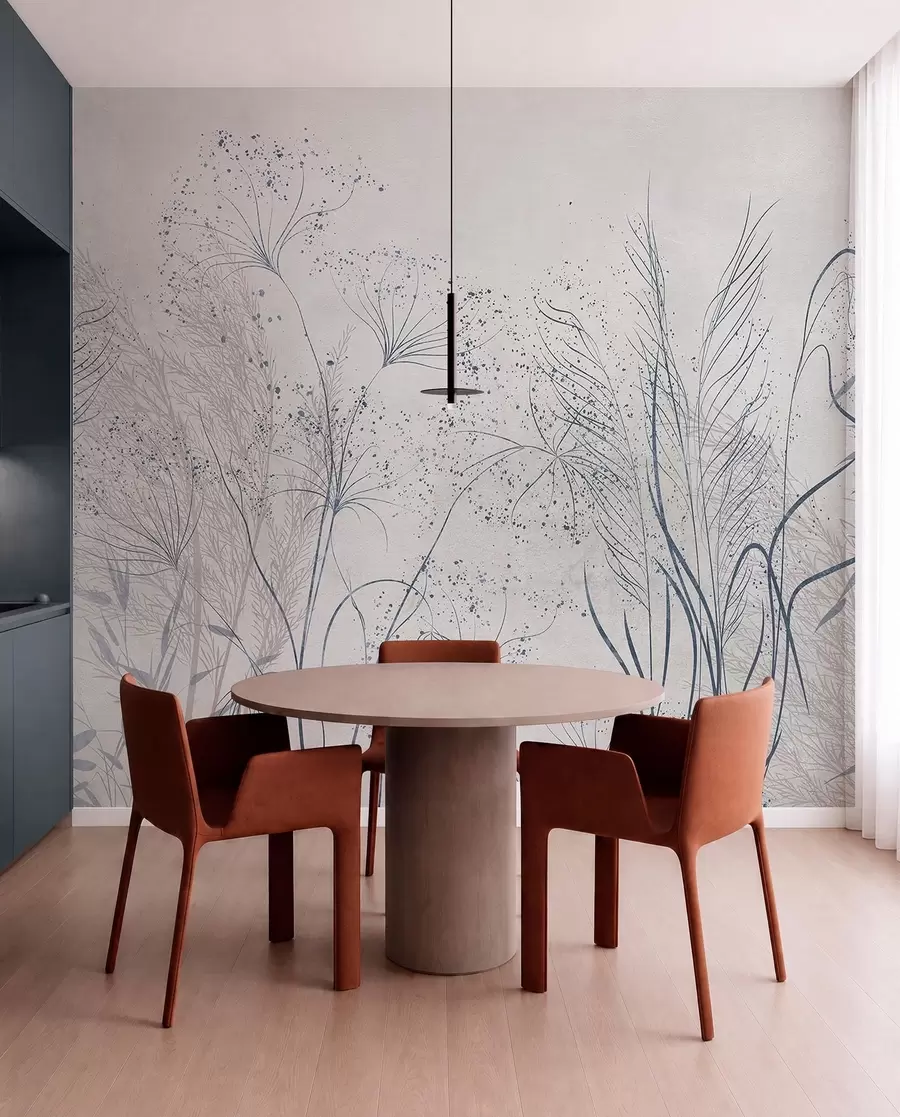 murales de pared Ilustración monocroma de varias plantas y espiguillas grises con líneas y texturas delicadas y tenues w08441v1