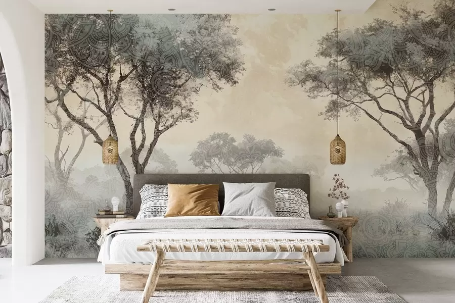 murales de pared Un paisaje brumoso y sereno con árboles silueteados en primer plano y una suave niebla en tonos grises y beige w08442v1