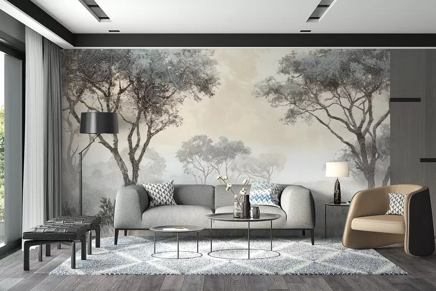 murales de pared Un paisaje brumoso y sereno con árboles silueteados en primer plano y una suave niebla en tonos grises y beige w08442v1