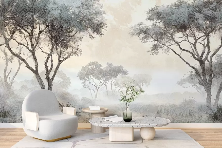 murales de pared Un paisaje brumoso y sereno con árboles silueteados en primer plano y una suave niebla en tonos grises y beige w08442v1